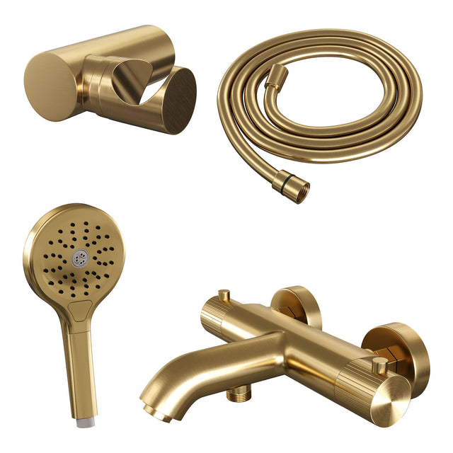 BRAUER Stripe opbouw baddouche thermostaatkraan SET 04 met wandhouder en 3-standen handdouche en doucheslang goud geborsteld PVD 5-GG-343