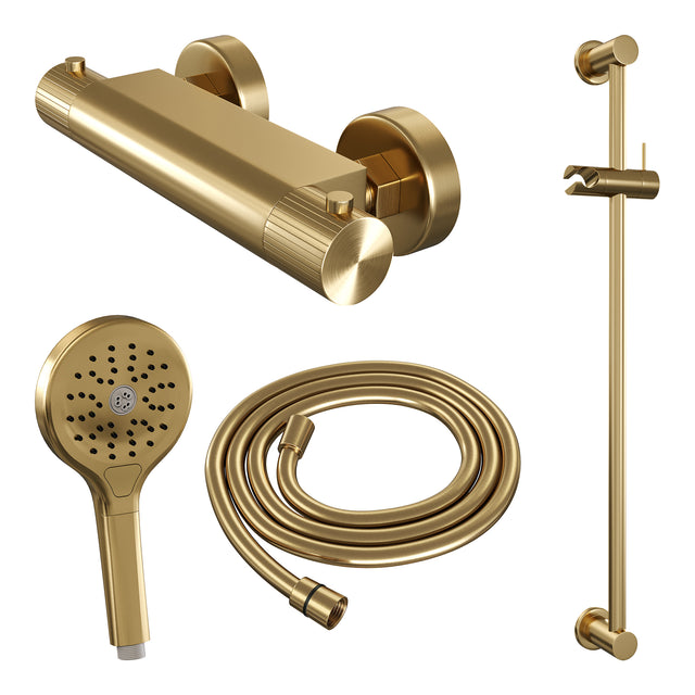 BRAUER Stripe opbouw douche thermostaatkraan SET 02 met glijstang en 3-standen handdouche en doucheslang goud geborsteld PVD 5-GG-346