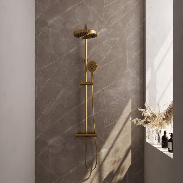 BRAUER Stripe opbouw thermostatische regendouche SET 02 met 25 cm hoofddouche en 3-standen handdouche en doucheslang goud geborsteld PVD 5-GG-349