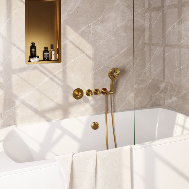 BRAUER Stripe thermostatische inbouw badkraan SET 02 met badvulcombinatie en 3-standen handdouche en doucheslang en wandaansluitbocht goud geborsteld PVD 5-GG-360