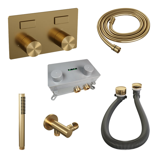 BRAUER Stripe thermostatische inbouw badkraan met drukknoppen SET 03 met badvulcombinatie en staaf handdouche en doucheslang en wandaansluitbocht goud geborsteld PVD 5-GG-361