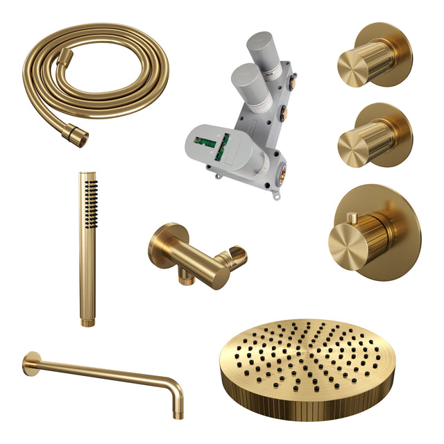 BRAUER Stripe thermostatische inbouw regendouche SET 02 met 25 cm douchekop en gebogen muurarm en staaf handdouche en doucheslang en wandaansluitbocht goud geborsteld PVD 5-GG-367