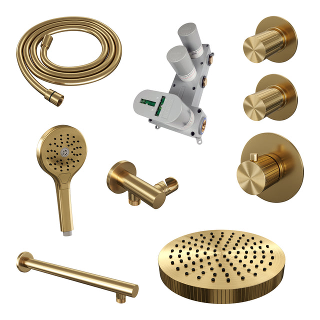 BRAUER Stripe thermostatische inbouw regendouche SET 04 met 25 cm douchekop en rechte muurarm en 3-standen handdouche en doucheslang en wandaansluitbocht goud geborsteld PVD 5-GG-371