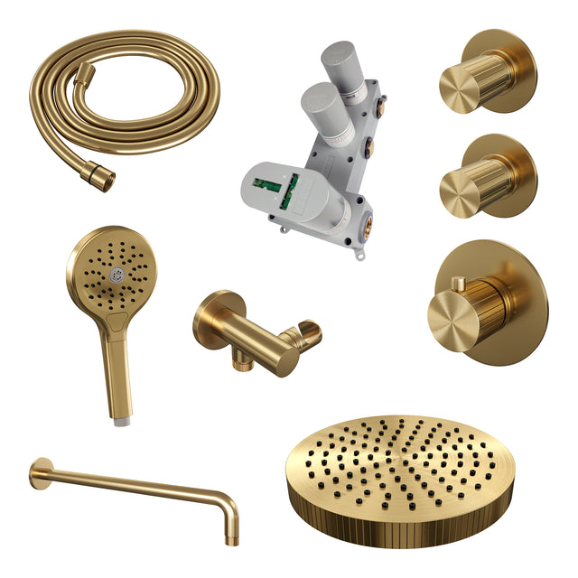 BRAUER Stripe thermostatische inbouw regendouche SET 05 met 25 cm douchekop en gebogen muurarm en 3-standen handdouche en doucheslang en wandaansluitbocht goud geborsteld PVD 5-GG-373