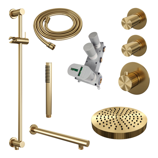 BRAUER Stripe thermostatische inbouw regendouche SET 07 met 25 cm douchekop en rechte muurarm en staaf handdouche en doucheslang en geïntegreerde glijstang goud geborsteld PVD 5-GG-377