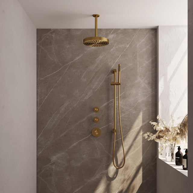 BRAUER Stripe thermostatische inbouw regendouche SET 09 met 25 cm douchekop en plafondarm en staaf handdouche en doucheslang en geïntegreerde glijstang goud geborsteld PVD 5-GG-381
