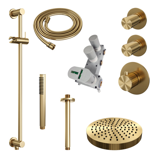 BRAUER Stripe thermostatische inbouw regendouche SET 09 met 25 cm douchekop en plafondarm en staaf handdouche en doucheslang en geïntegreerde glijstang goud geborsteld PVD 5-GG-381