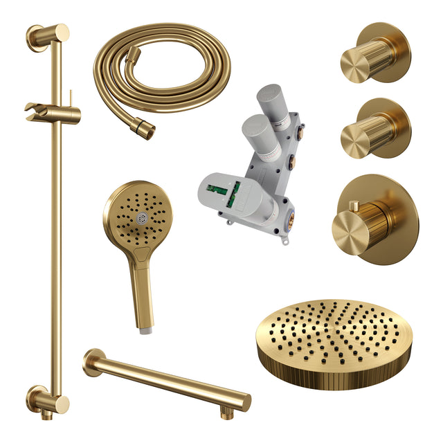 BRAUER Stripe thermostatische inbouw regendouche SET 10 met 25 cm douchekop en rechte muurarm en 3-standen handdouche en doucheslang en geïntegreerde glijstang goud geborsteld PVD 5-GG-383