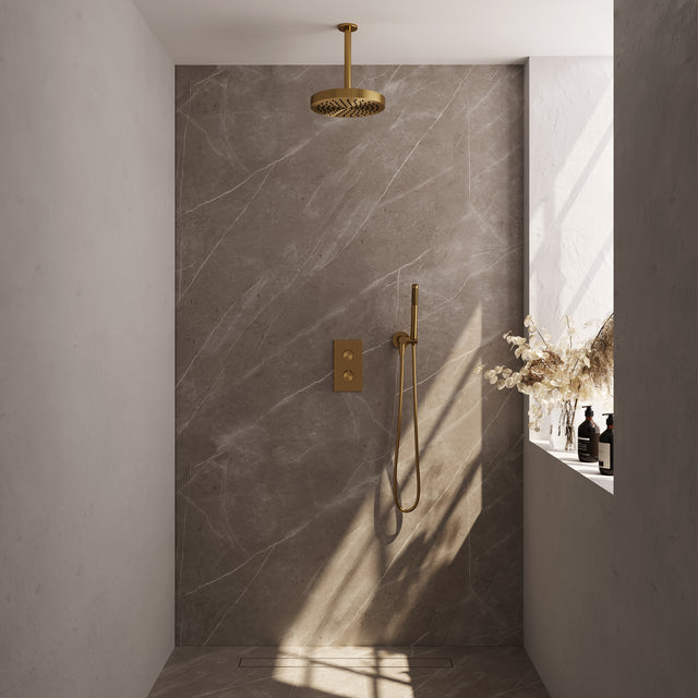 BRAUER Stripe thermostatische inbouw regendouche 3-weg rechthoekig SET 15 met 25 cm douchekop en plafondarm en staaf handdouche en doucheslang en wandaansluitbocht goud geborsteld PVD 5-GG-393