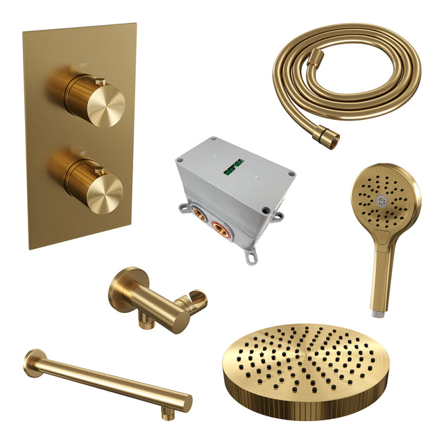 BRAUER Stripe thermostatische inbouw regendouche 3-weg rechthoekig SET 16 met 25 cm douchekop en rechte muurarm en 3-standen handdouche en doucheslang en wandaansluitbocht goud geborsteld PVD 5-GG-395