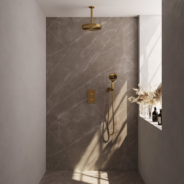 BRAUER Stripe thermostatische inbouw regendouche 3-weg rechthoekig SET 18 met 25 cm douchekop en plafondarm en 3-standen handdouche en doucheslang en wandaansluitbocht goud geborsteld PVD 5-GG-399