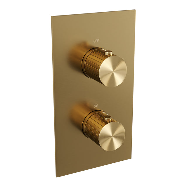 BRAUER Stripe thermostatische inbouw regendouche 3-weg rechthoekig SET 18 met 25 cm douchekop en plafondarm en 3-standen handdouche en doucheslang en wandaansluitbocht goud geborsteld PVD 5-GG-399