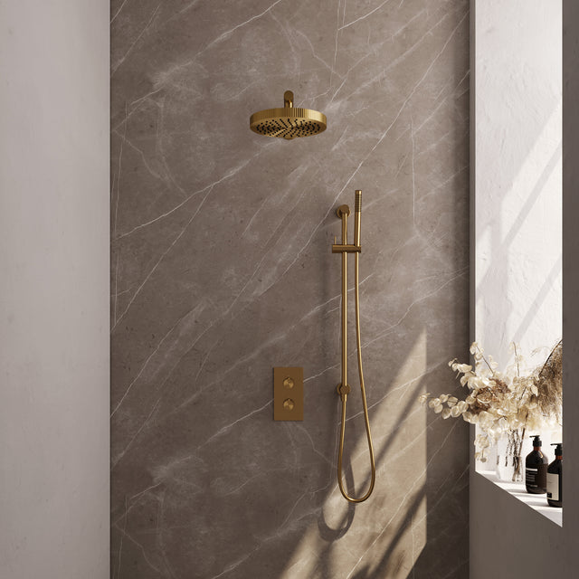 BRAUER Stripe thermostatische inbouw regendouche 3-weg rechthoekig SET 19 met 25 cm douchekop en rechte muurarm en staaf handdouche en doucheslang en geïntegreerde glijstang goud geborsteld PVD 5-GG-401