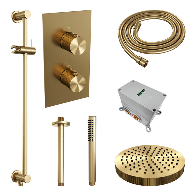 BRAUER Stripe thermostatische inbouw regendouche 3-weg rechthoekig SET 21 met 25 cm douchekop en plafondarm en staaf handdouche en doucheslang en geïntegreerde glijstang goud geborsteld PVD 5-GG-405
