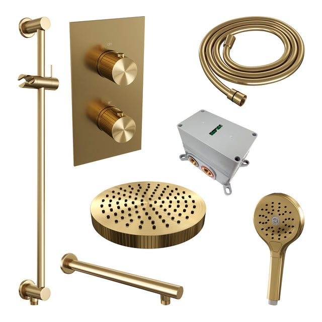 BRAUER Stripe thermostatische inbouw regendouche 3-weg rechthoekig SET 22 met 25 cm douchekop en rechte muurarm en 3-standen handdouche en doucheslang en geïntegreerde glijstang goud geborsteld PVD 5-GG-407