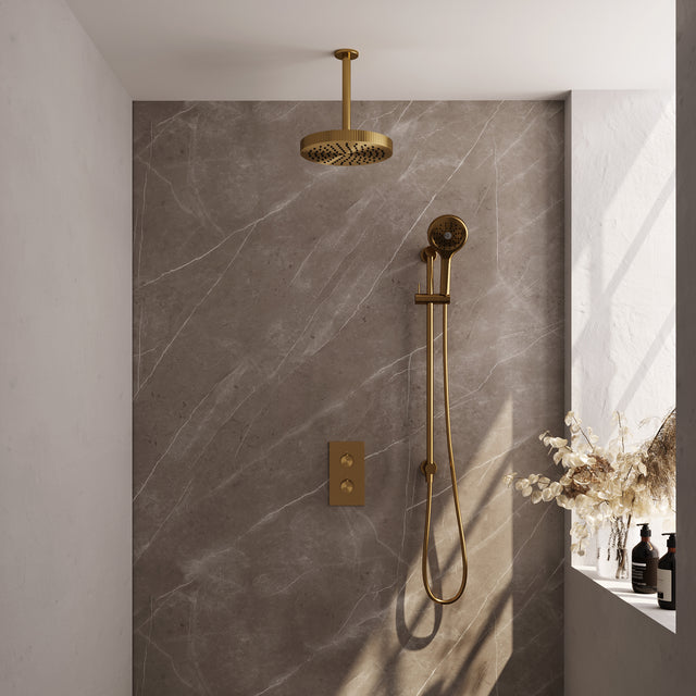BRAUER Stripe thermostatische inbouw regendouche 3-weg rechthoekig SET 24 met 25 cm douchekop en plafondarm en 3-standen handdouche en doucheslang en geïntegreerde glijstang goud geborsteld PVD 5-GG-411