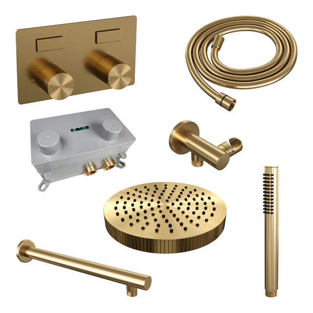 BRAUER Stripe thermostatische inbouw regendouche met drukknoppen SET 25 met 25 cm douchekop en rechte muurarm en staaf handdouche en doucheslang en wandaansluitbocht goud geborsteld PVD 5-GG-413