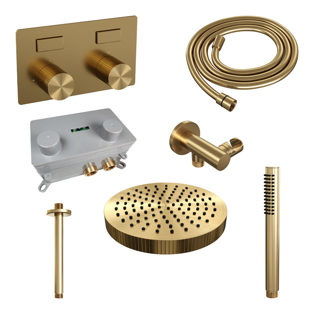 BRAUER Stripe thermostatische inbouw regendouche met drukknoppen SET 27 met 25 cm douchekop en plafondarm en staaf handdouche en doucheslang en wandaansluitbocht goud geborsteld PVD 5-GG-417