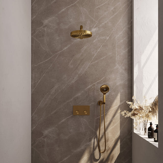 BRAUER Stripe thermostatische inbouw regendouche met drukknoppen SET 28 met 25 cm douchekop en rechte muurarm en 3-standen handdouche en doucheslang en wandaansluitbocht goud geborsteld PVD 5-GG-419