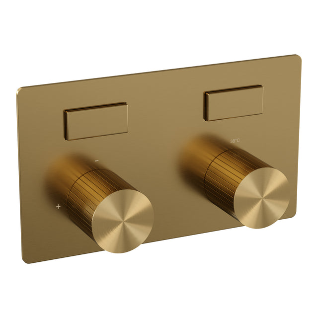 BRAUER Stripe thermostatische inbouw regendouche met drukknoppen SET 28 met 25 cm douchekop en rechte muurarm en 3-standen handdouche en doucheslang en wandaansluitbocht goud geborsteld PVD 5-GG-419