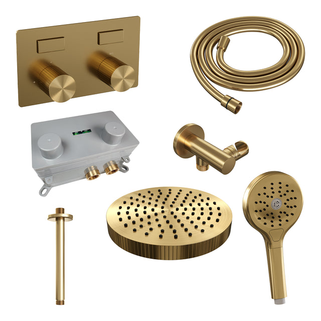 BRAUER Stripe thermostatische inbouw regendouche met drukknoppen SET 30 met 25 cm douchekop en plafondarm en 3-standen handdouche en doucheslang en wandaansluitbocht goud geborsteld PVD 5-GG-423