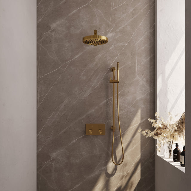 BRAUER Stripe thermostatische inbouw regendouche met drukknoppen SET 31 met 25 cm douchekop en rechte muurarm en staaf handdouche en doucheslang en geïntegreerde glijstang goud geborsteld PVD 5-GG-425