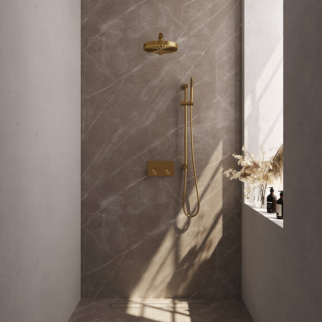BRAUER Stripe thermostatische inbouw regendouche met drukknoppen SET 31 met 25 cm douchekop en rechte muurarm en staaf handdouche en doucheslang en geïntegreerde glijstang goud geborsteld PVD 5-GG-425