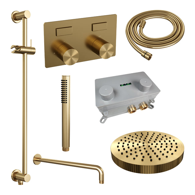 BRAUER Stripe thermostatische inbouw regendouche met drukknoppen SET 32 met 25 cm douchekop en gebogen muurarm en staaf handdouche en doucheslang en geïntegreerde glijstang goud geborsteld PVD 5-GG-427