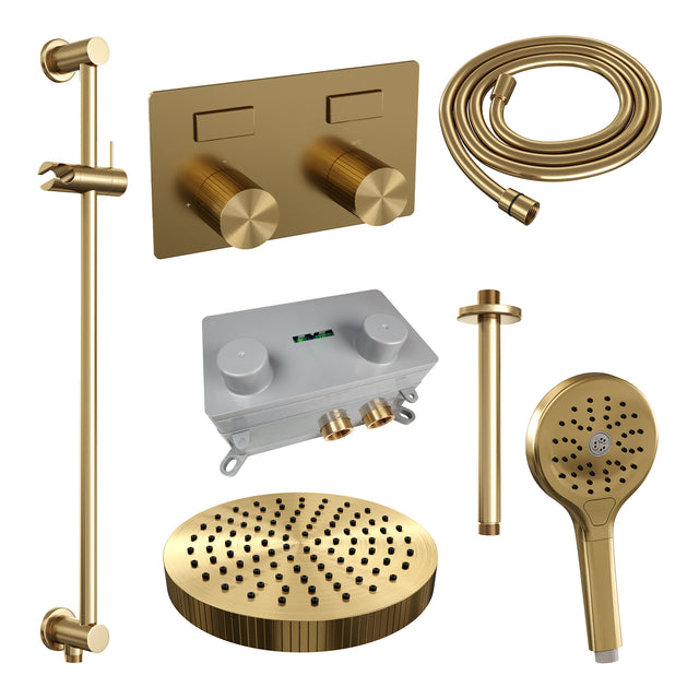 BRAUER Stripe thermostatische inbouw regendouche met drukknoppen SET 36 met 25 cm douchekop en plafondarm en 3-standen handdouche en doucheslang en geïntegreerde glijstang goud geborsteld PVD 5-GG-435