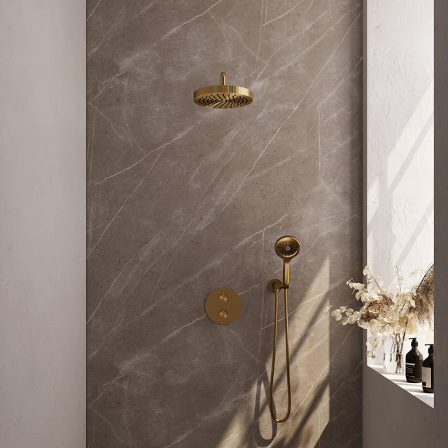 BRAUER Stripe thermostatische inbouw regendouche 3-weg rond SET 41 met 25 cm douchekop en gebogen muurarm en 3-standen handdouche en doucheslang en wandaansluitbocht goud geborsteld PVD 5-GG-445