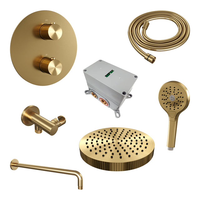 BRAUER Stripe thermostatische inbouw regendouche 3-weg rond SET 41 met 25 cm douchekop en gebogen muurarm en 3-standen handdouche en doucheslang en wandaansluitbocht goud geborsteld PVD 5-GG-445