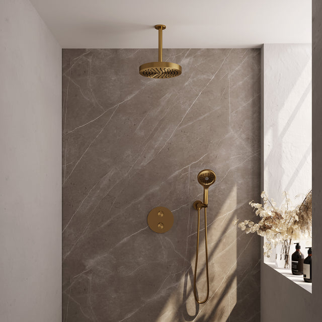 BRAUER Stripe thermostatische inbouw regendouche 3-weg rond SET 42 met 25 cm douchekop en plafondarm en 3-standen handdouche en doucheslang en wandaansluitbocht goud geborsteld PVD 5-GG-447