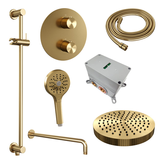 BRAUER Stripe thermostatische inbouw regendouche 3-weg rond SET 47 met 25 cm douchekop en gebogen muurarm en 3-standen handdouche en doucheslang en geïntegreerde glijstang goud geborsteld PVD 5-GG-457