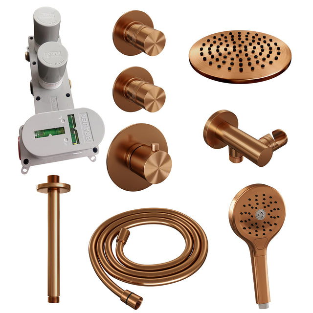 BRAUER Copper Edition thermostatische inbouw regendouche SET 11 met 20 cm douchekop en plafondarm en 3-standen handdouche en doucheslang en wandaansluitbocht koper geborsteld PVD