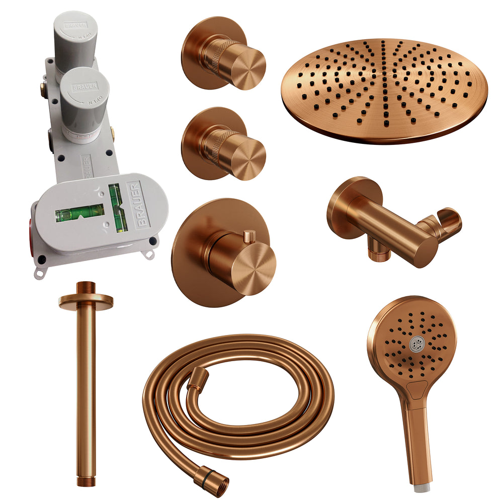BRAUER Copper Edition thermostatische inbouw regendouche SET 12 met 30 cm douchekop en plafondarm en 3-standen handdouche en doucheslang en wandaansluitbocht koper geborsteld PVD
