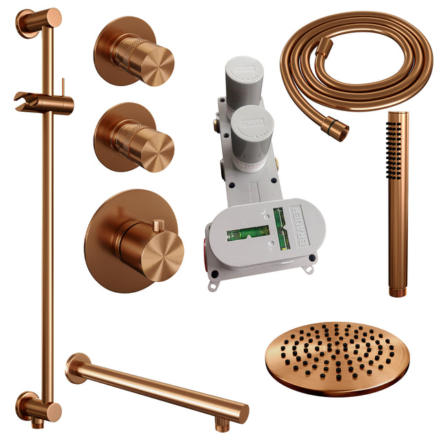 BRAUER Copper Edition thermostatische inbouw regendouche SET 13 met 20 cm douchekop en rechte muurarm en staaf handdouche en doucheslang en geïntegreerde glijstang koper geborsteld PVD