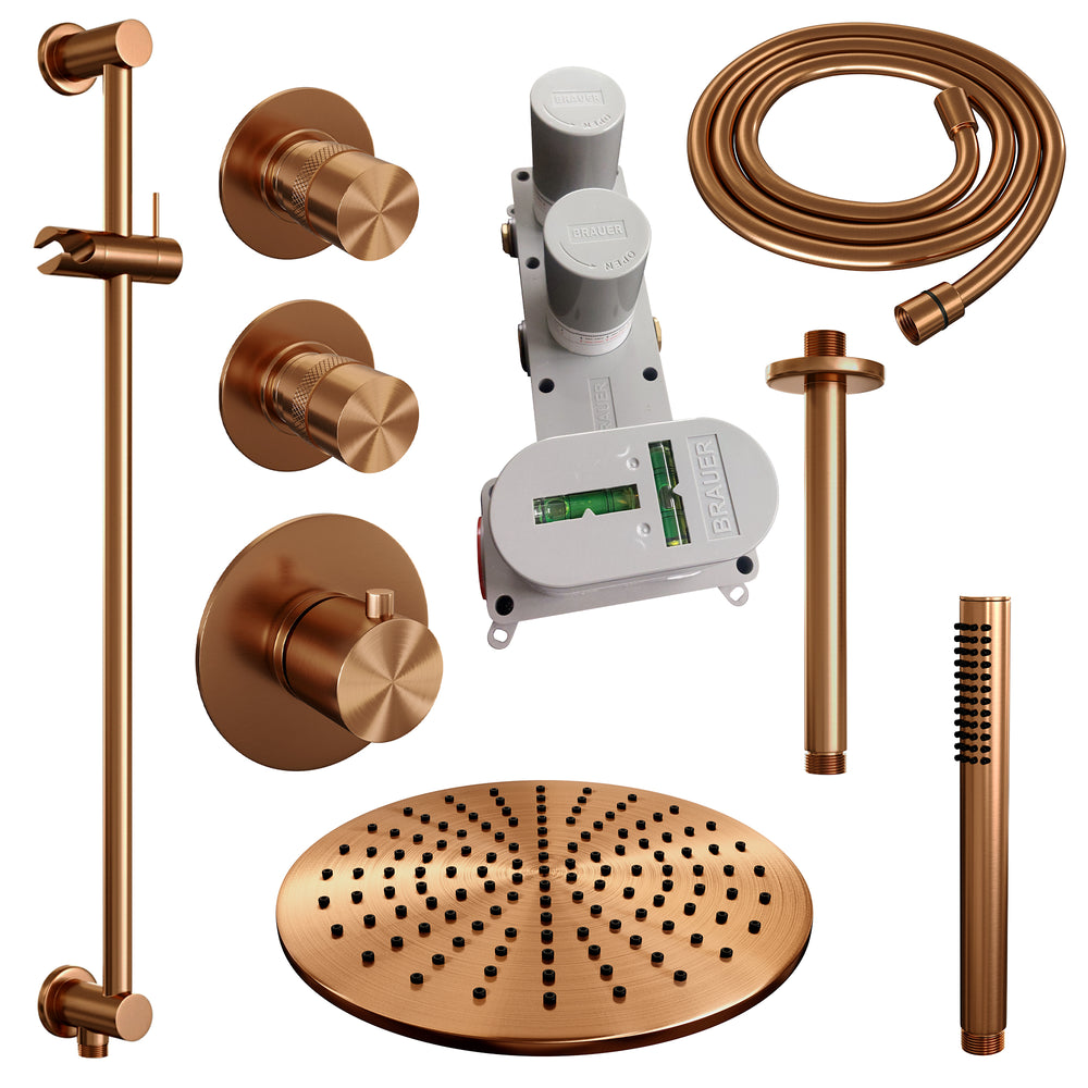 BRAUER Copper Edition thermostatische inbouw regendouche SET 18 met 30 cm douchekop en plafondarm en staaf handdouche en doucheslang en geïntegreerde glijstang koper geborsteld PVD