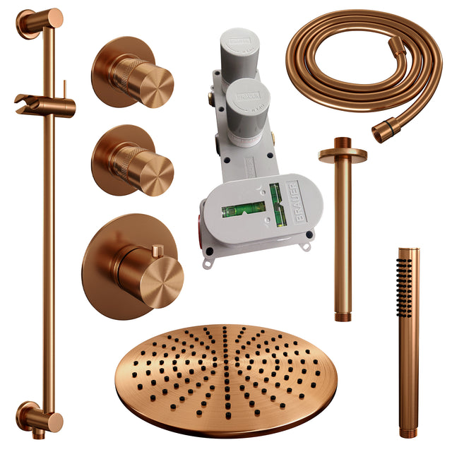 BRAUER Copper Edition thermostatische inbouw regendouche SET 18 met 30 cm douchekop en plafondarm en staaf handdouche en doucheslang en geïntegreerde glijstang koper geborsteld PVD