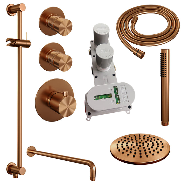 BRAUER Copper Edition thermostatische inbouw regendouche SET 15 met 20 cm douchekop en gebogen muurarm en staaf handdouche en doucheslang en geïntegreerde glijstang koper geborsteld PVD