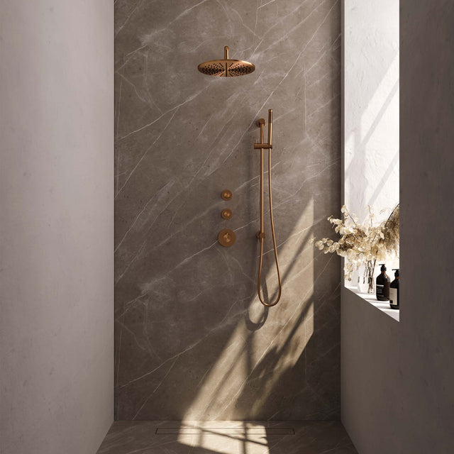 BRAUER Copper Edition thermostatische inbouw regendouche SET 16 met 30 cm douchekop en gebogen muurarm en staaf handdouche en doucheslang en geïntegreerde glijstang koper geborsteld PVD