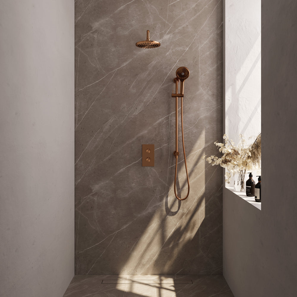 BRAUER Copper Edition thermostatische inbouw regendouche SET 21 met 20 cm douchekop en gebogen muurarm en 3-standen handdouche en doucheslang en geïntegreerde glijstang koper geborsteld PVD