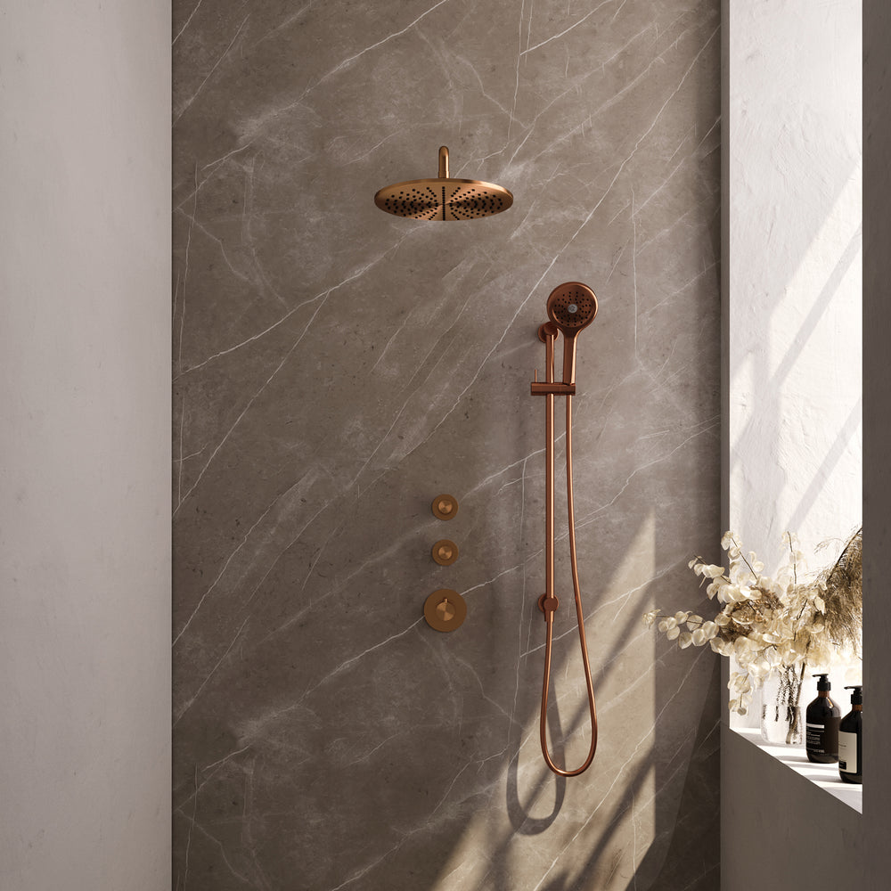 BRAUER Copper Edition thermostatische inbouw regendouche SET 22 met 30 cm douchekop en gebogen muurarm en 3-standen handdouche en doucheslang en geïntegreerde glijstang koper geborsteld PVD