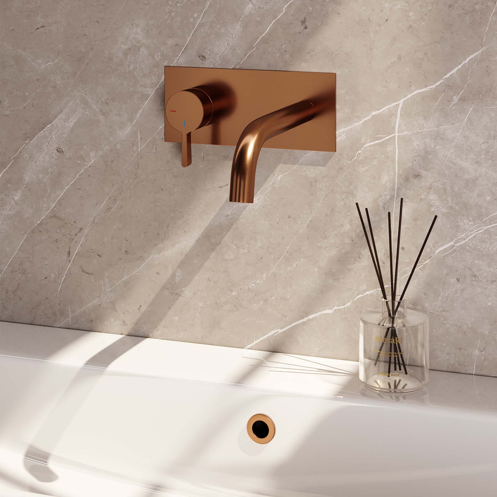BRAUER Copper Edition inbouw wastafelmengkraan met gebogen uitloop en afdekplaat model E2 koper geborsteld PVD