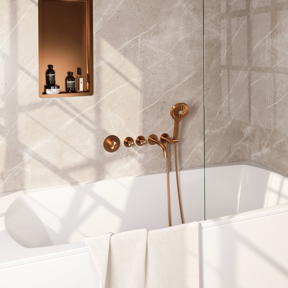 BRAUER Copper Carving thermostatische inbouw badkraan SET 02 met uitloop en 3-standen handdouche en doucheslang en wandaansluitbocht koper geborsteld PVD 5-GK-094