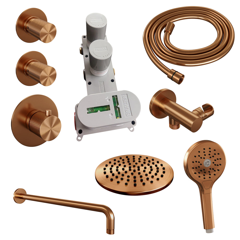 BRAUER Copper Carving thermostatische inbouw regendouche SET 09 met 20 cm douchekop en gebogen muurarm en 3-standen handdouche en doucheslang en wandaansluitbocht koper geborsteld PVD 5-GK-105