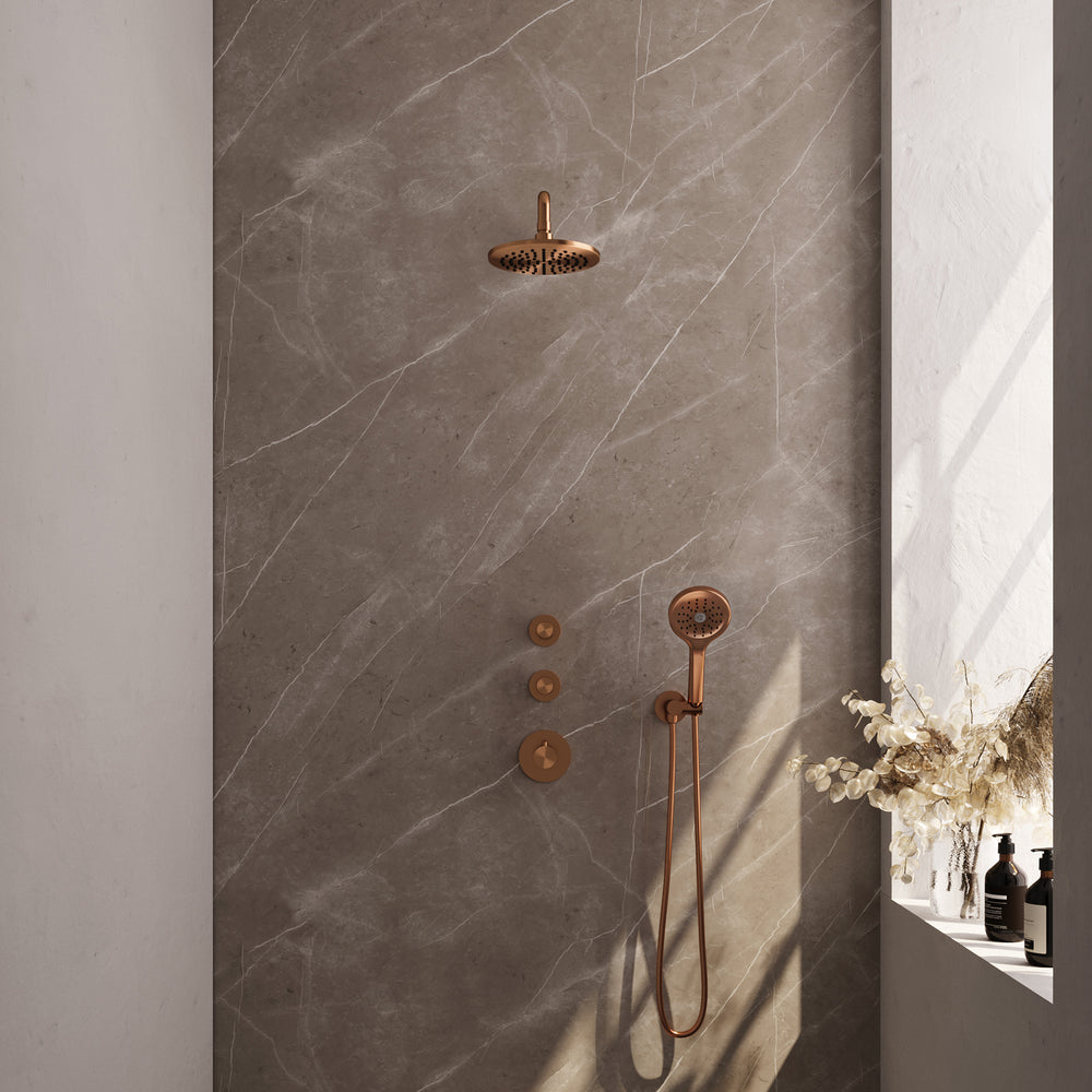 BRAUER Copper Carving thermostatische inbouw regendouche SET 09 met 20 cm douchekop en gebogen muurarm en 3-standen handdouche en doucheslang en wandaansluitbocht koper geborsteld PVD 5-GK-105