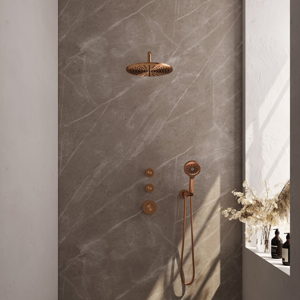 BRAUER Copper Carving thermostatische inbouw regendouche SET 10 met 30 cm douchekop en gebogen muurarm en 3-standen handdouche en doucheslang en wandaansluitbocht koper geborsteld PVD 5-GK-106