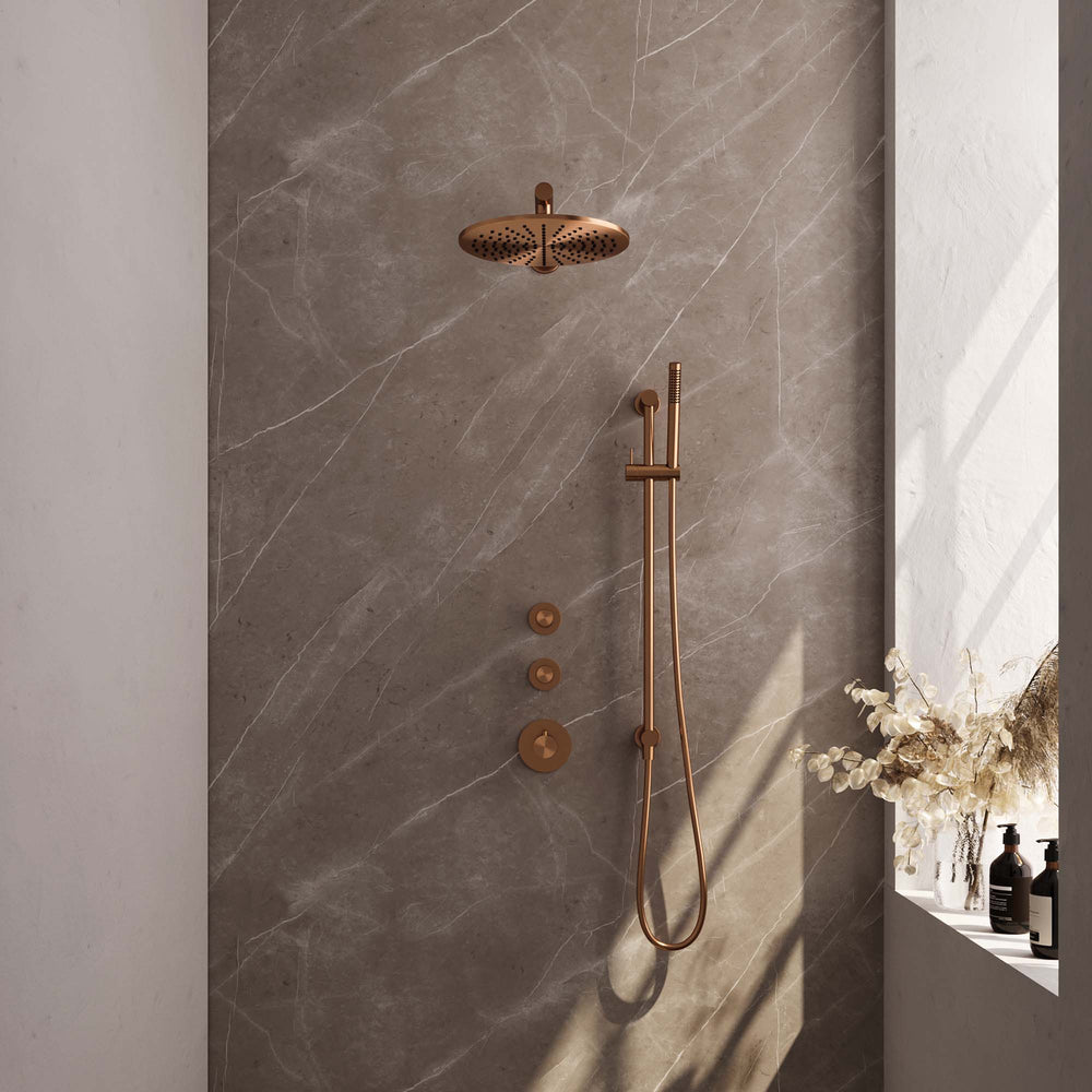 BRAUER Copper Carving thermostatische inbouw regendouche SET 14 met 30 cm douchekop en rechte muurarm en staaf handdouche en doucheslang en geïntegreerde glijstang koper geborsteld PVD 5-GK-110