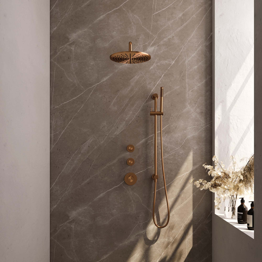 BRAUER Copper Carving thermostatische inbouw regendouche SET 16 met 30 cm douchekop en gebogen muurarm en staaf handdouche en doucheslang en geïntegreerde glijstang koper geborsteld PVD 5-GK-112