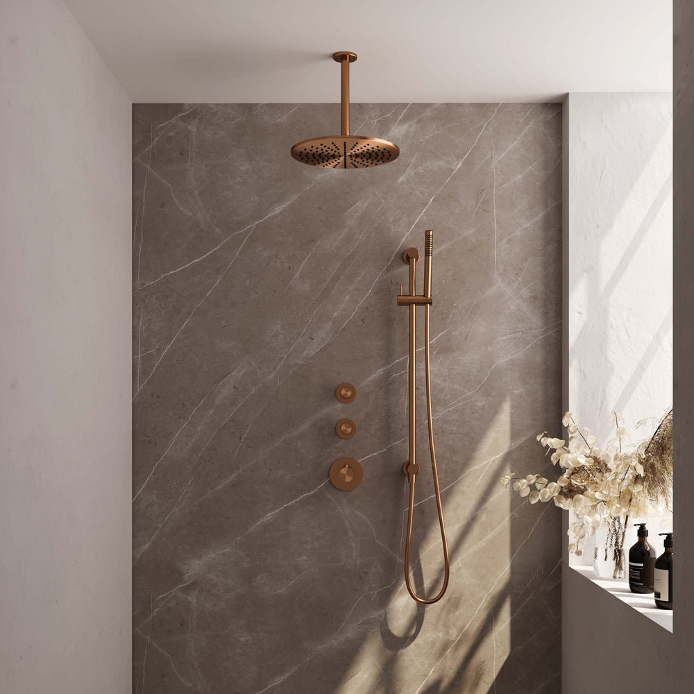 BRAUER Copper Carving thermostatische inbouw regendouche SET 18 met 30 cm douchekop en plafondarm en staaf handdouche en doucheslang en geïntegreerde glijstang koper geborsteld PVD 5-GK-114